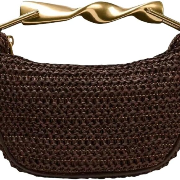 Mini Woven Straw Tote Bag for Women with Zipper Closure, Coffee Color, Lightweig - Picture 1 of 5